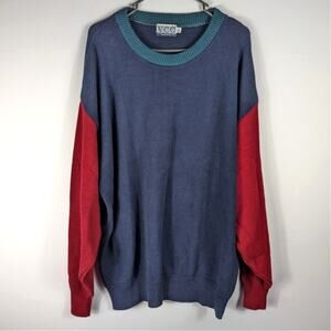 VCC XL USA Made Cotton Colorblock Sweater Red Blue Vintage 90s Crewneck Knit